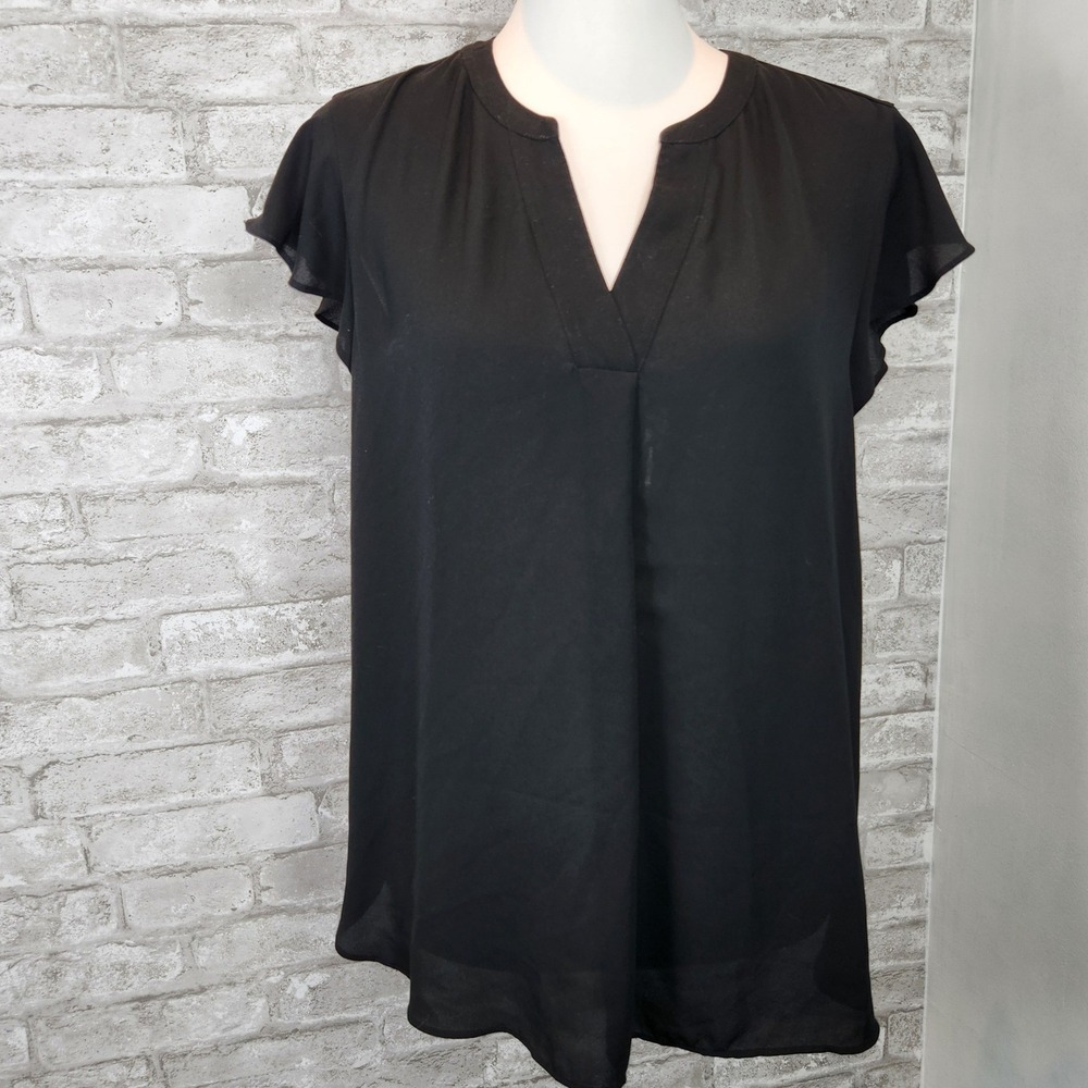 J. Crew Top Flutter Sleeve Black Polyester Split Neck Blouse 14